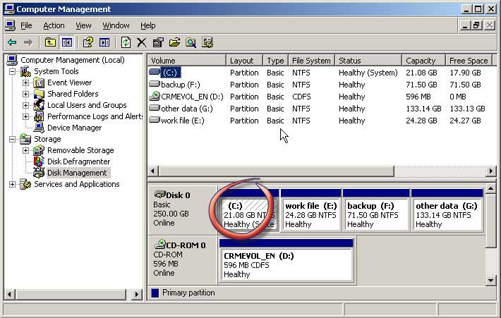  21.08GB c partition in disk management